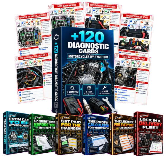 +120 Motorcycle Diagnostic Cards by Symptom with the six bonuses