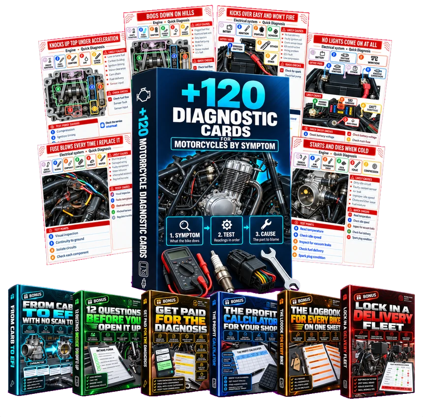 +120 Motorcycle Diagnostic Cards by Symptom, complete package